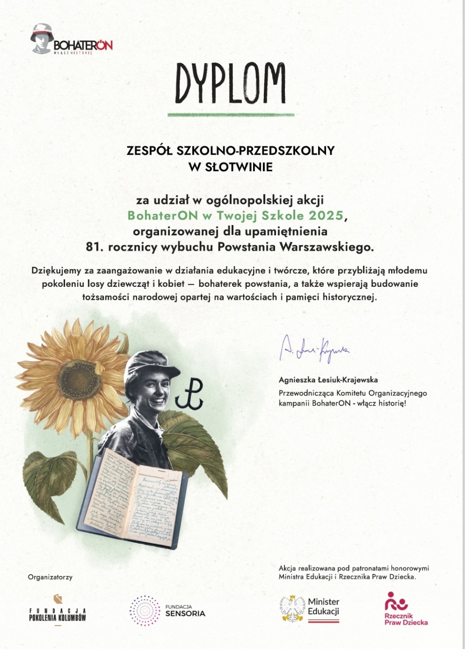 Dyplom za udział w akcji BohaterON