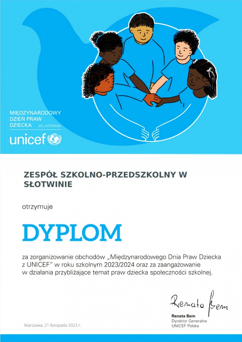 Dyplom za  zorganizowanie Międzynarodowego Dnia Praw Dziecka z UNCEFEM 2023