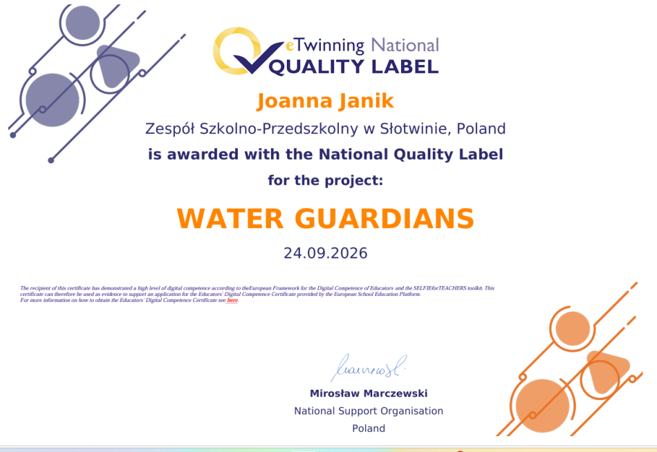 Odznaka Jakości eTwinning za projekt „Water Guardians”