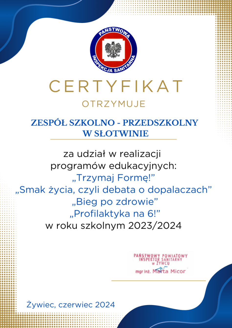 Certyfikat uczestnictwa w programach Państwowej Inspekcji Sanitarnej