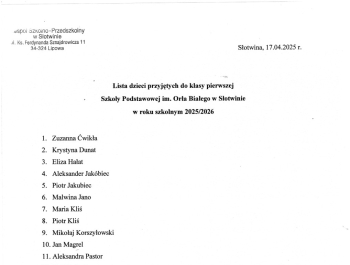 Lista dzieci przyjętych do 1 klasy w roku szkolnym 2025/26 - zdjęcie2