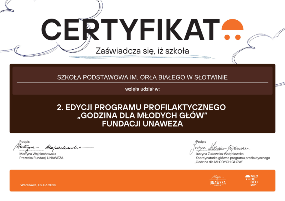 Godzina dla młodych głów - certyfikat